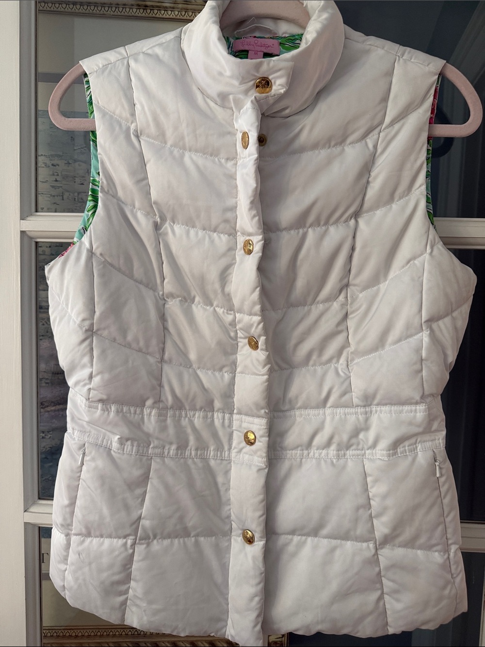 Lilly Pulitzer White Quilted Puffer Vest with Gold Buttons